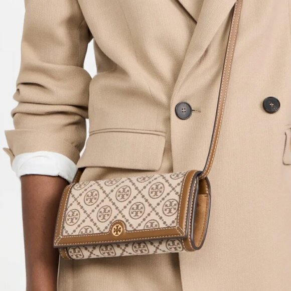 NEW! Tory Burch T Monogram Jacquard Wallet Crossbody -Hazelnut - Picture 1 of 9